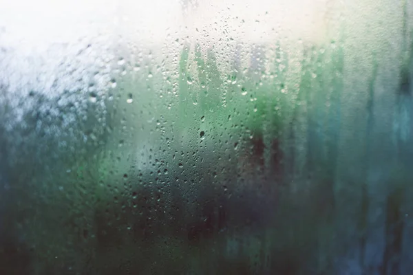Water Droplets Humidity Condensation Window Glass Seen Indoor Backyard Bokeh — ストック写真