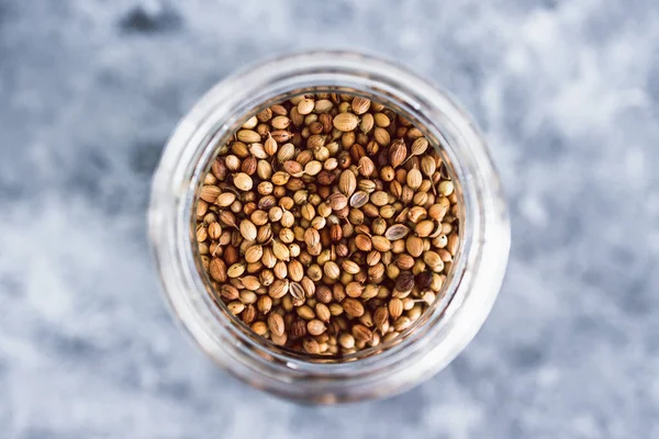 Spice Jar Coriander Seeds Close Shot Pantry Ingredients Concept Simple — Foto de Stock