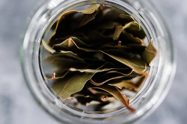 Spice Jar Bay Leaves Close Shot Pantry Ingredients Concept Simple — Stockfoto