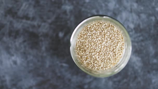 Spice Jar Sesame Seeds Close Shot Pantry Ingredients Concept Simple — Stock video