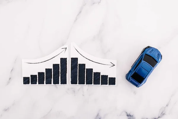 car loans rentals and car prices increasing, blue toy car next to graph showing stats going up conceptual image on marble background