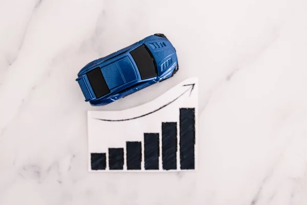 car loans rentals and car prices increasing, blue toy car next to graph showing stats going up conceptual image on marble background