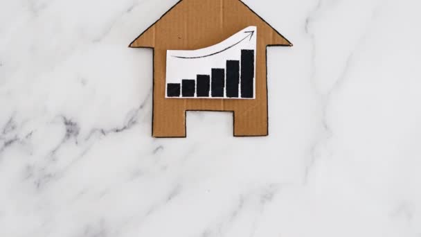 Aluguel Hipotecas Preços Imóveis Aumentando Diminuindo Ícone Casa Feita Papelão — Vídeo de Stock