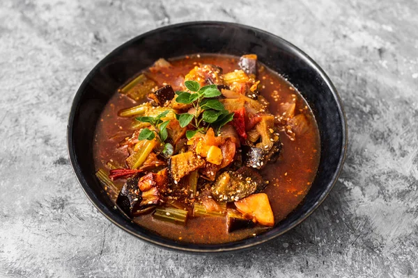 Pot Chaud Turc Végétalien Avec Céleri Aubergine Potaotes Dans Bouillon — Photo