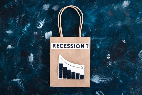 Рецессия Стагнация Экономики Концептуальный Образ Текстом Поверх Сумки Графиками Показывающими — стоковое фото