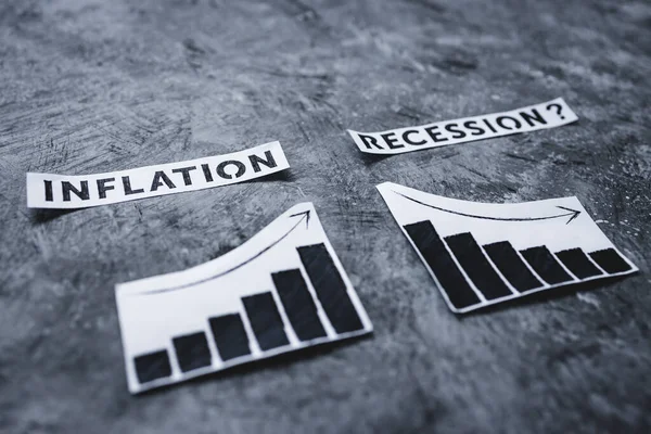 Infláció Recesszió Gazdaságban Koncepcionális Kép Szövegekkel Grafikonokkal Árak Emelkedéséről Növekedés — Stock Fotó