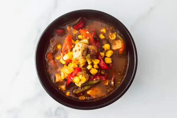 Paprika Mais Tofu Suppe Auf Pflanzlicher Basis Mit Würziger Brühe — Stockfoto