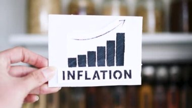 inflation text and graphs showing prices of groceries going up in front of tidy organised pantry with jars and ingredients shot at shallow depth of field