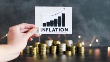 Tüketici fiyatlarında artış ve enflasyon kavramsal imajda yükseliş, istatistiklerle grafik ve arka planda peri ışıkları olan bozuk para yığınlarının önünde metin