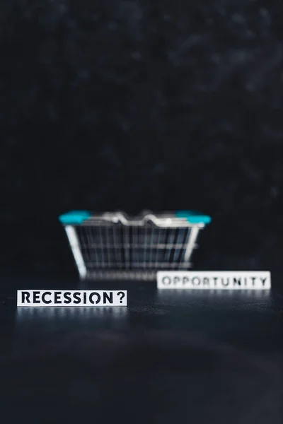 Recession Opportunity Texts Wth Shopping Basket Dark Background Only One — Stock Photo, Image