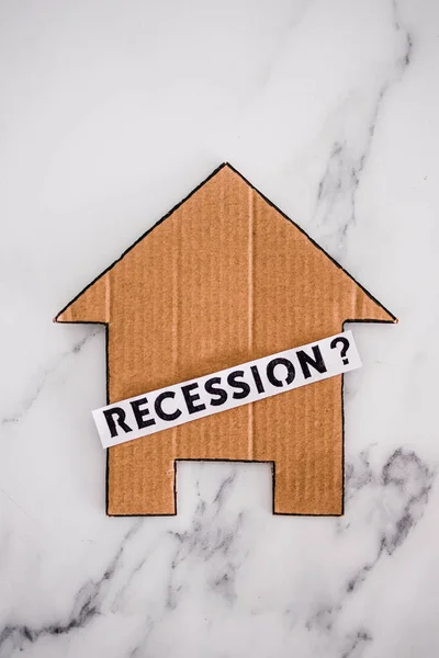 Recession Text Question Mark House Icon Made Cardboard Concept Post — Stockfoto