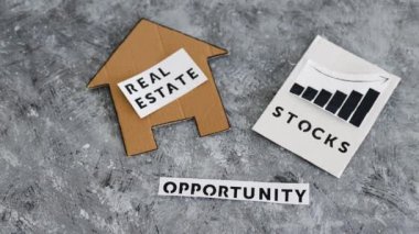 investment opportunities and building wealth conceptual image, house icon next to stock market stats with text underneath
