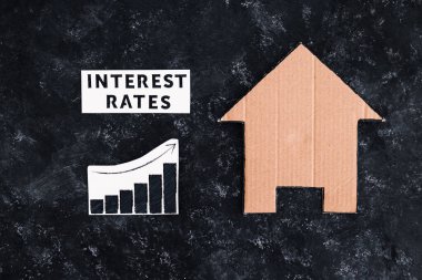 interest rates text and graph showing cost of financing going up next to house made of cardboard, concept of the global economy after the covid-19 pandemic