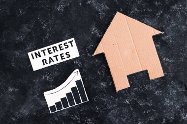 interest rates text and graph showing cost of financing going up next to house made of cardboard, concept of the global economy after the covid-19 pandemic