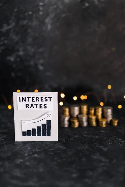 Interest Rates Text Graph Showing Stats Going Front Stacks Coins — Photo