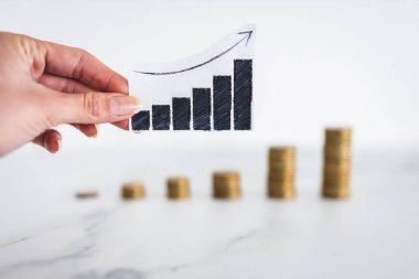 rising inflation graph in front of growing stacks of coins representing increasingly expensive prices, concept of global economy struggling after the covid-19 pandemic