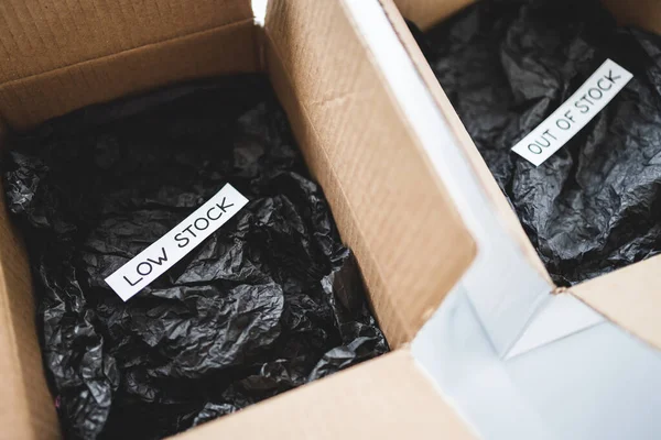Low Stock Out Stock Texts Empty Delivery Parcels Black Padding — Stockfoto