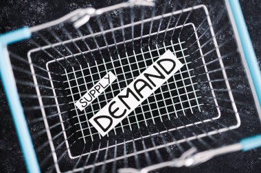 small Supply text and big Demand text inside of empty shopping basket, concept of supply chain shortages and delays after the covid-19 global pandemic