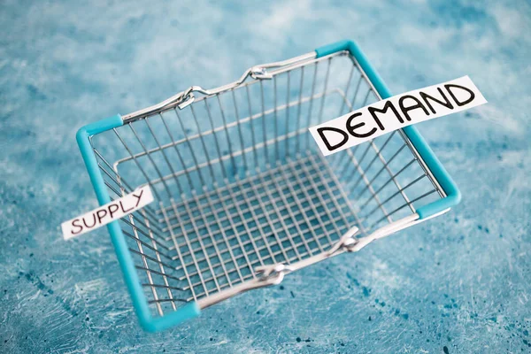 small Supply text and big Demand text on top of empty shopping basket, concept of supply chain shortages and delays after the covid-19 global pandemic
