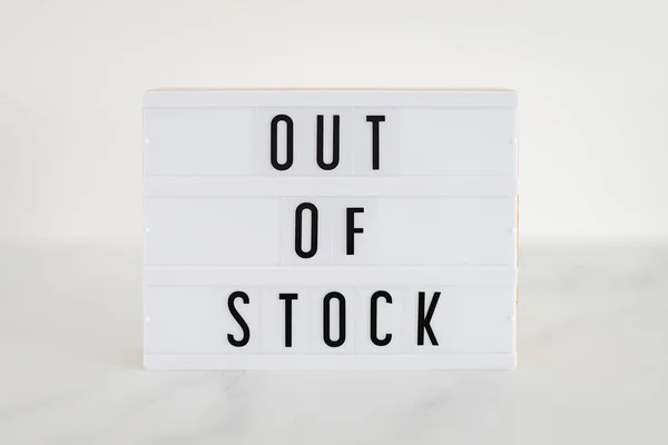 Out Stock Text Lightbox Minimalistic White Marble Background Concept Supply — Stockfoto