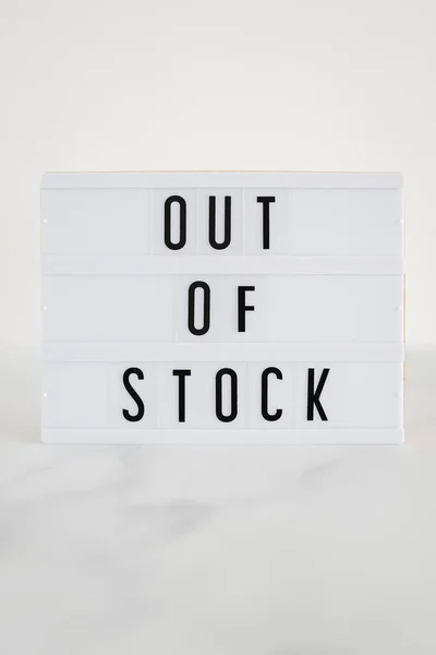 Out Stock Text Lightbox Minimalistic White Marble Background Concept Supply — Stockfoto