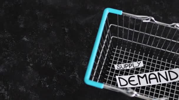 Small Supply Text Big Demand Text Empty Shopping Basket Concept — Vídeo de Stock