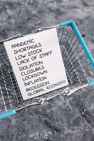 List Post Pandemic Economical Recession Keywords Empty Shopping Basket Concept — стоковое фото