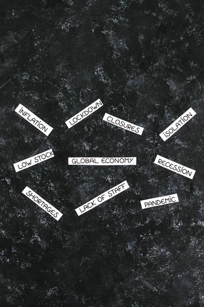 Post Pandemic Economical Recession Keywords Scattered Black Background Concept Recovery — 图库照片