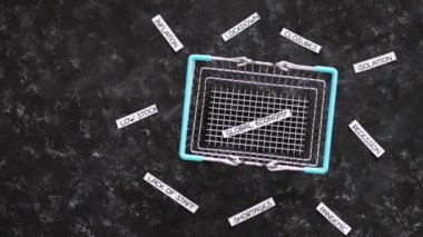 empty shopping basket with global economy text inside surrounded by post pandemic economical recession keywords, concept of recovery or recession after the pandemic