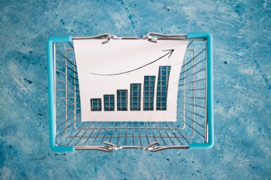 Enflasyon ve salgın sonrası ekonomik durgunluk kavramsal görüntü, mavi arka planda alışveriş sepetinde fiyatların yükseldiğini gösteren kesit grafiği