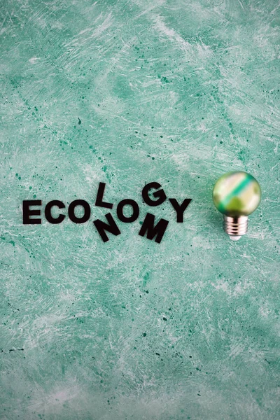 経済と生態学の概念的イメージと緑の背景にある緑の電球の横にある2つの言葉が融合し — ストック写真