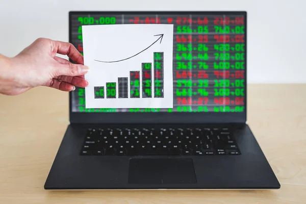 stock markets and financial investments concept, graph with positive growth stats in front of computer screen with financal markets results