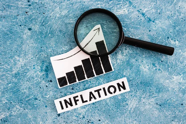 Inflační Text Graf Ukazující Ceny Lupou Zvyšující Analýzu Statistik Tom — Stock fotografie