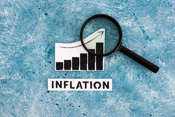 Inflation Text Graph Showing Prices Going Magnifying Glass Analysing Stats — Stock Photo, Image