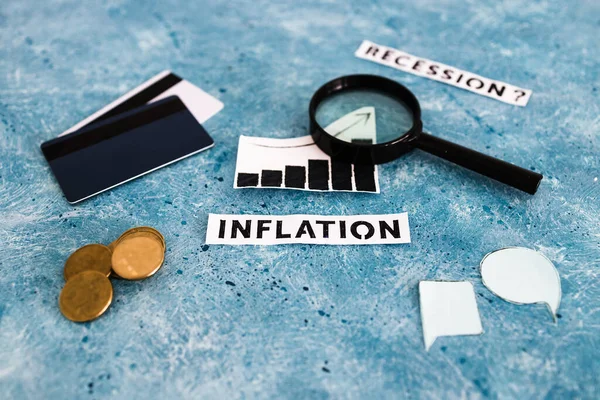 Inflation Text Graph Showing Prices Going Magnifying Glass Coins Payment — Stock Photo, Image