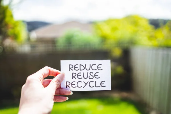 Reduce Reuse Recycle Sign Front Backyard Bokeh Concept Sustainability Circular — Stock Photo, Image