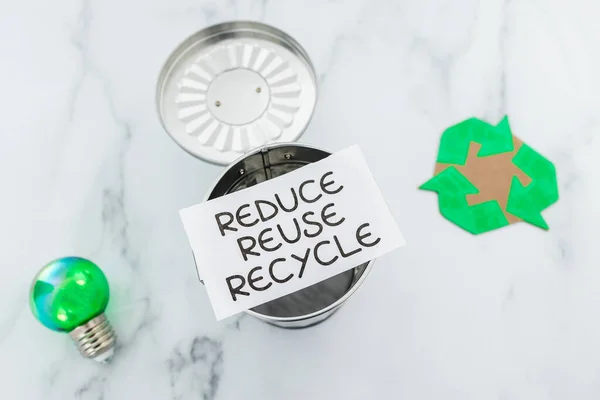 Reduce Reuse Recycle Sign Mini Trash Can Next Green Light — Stock Photo, Image