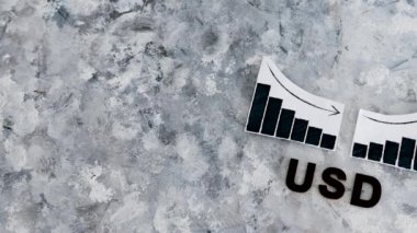 Döviz kuru kavramı, grafiği altında küresel borsadaki performansın sembolü olan Amerikan Doları metninin pozitif ve negatif büyümesini gösteriyor.