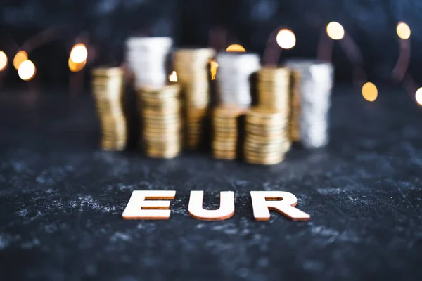 Valuta Växelkurs Begreppsbild Euro Text Framför Staplar Mynt Symbol För — Stockfoto