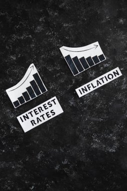 Faiz oranları ve enflasyon metinleri ve grafikleri oranların arttığını ve tüketici harcamalarının azaldığını gösteriyor, salgın sonrası ekonomi kavramı