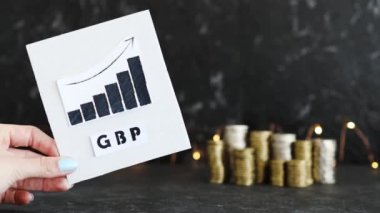 Döviz kurunun kavramsal görüntüsü, grafiği para yığınlarının önünde GBP İngiliz pound metni ile pozitif büyüme gösteriyor
