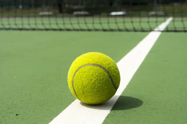Тенісний м'яч на суд білою лінією — стокове фото