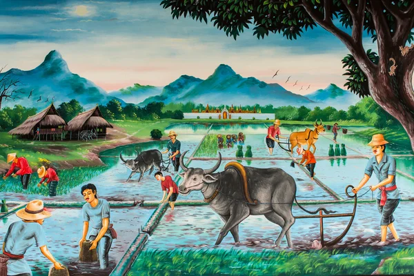 Thailändska bondeby, konst på väggen — Stockfoto