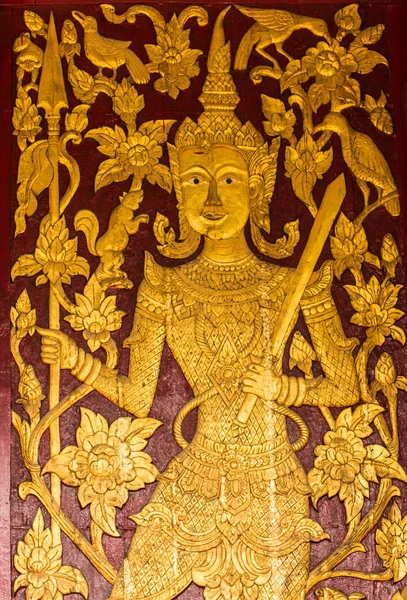 Ornament wooden door of Thai temple in Ubosot Wat Buak Krok Luang — Stock Photo, Image