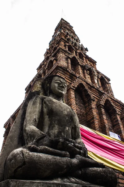 Estátua de Buda e Pagode Velho, Wat Phra que Hariphunchai — Fotografia de Stock