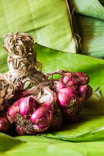 Chalotas de vida morta em folhas de banana — Fotografia de Stock