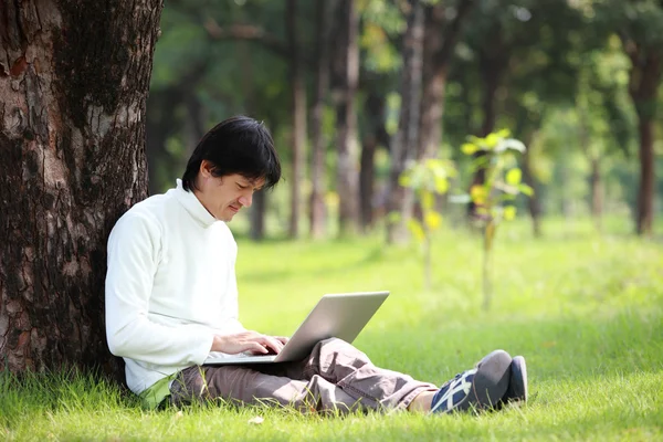 Young man using his laptop on the grass — Stock Photo, Image