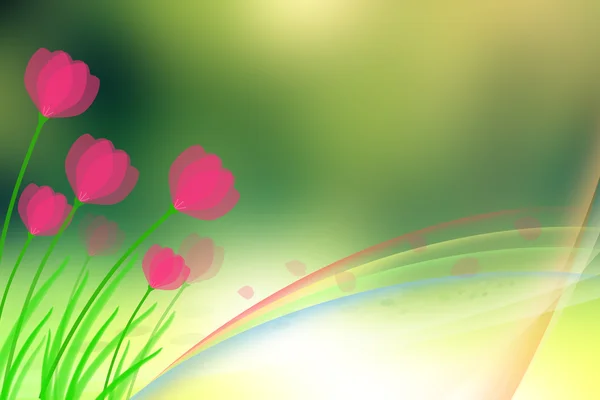 Rainbow spring design with flowers  background green — Stock Photo, Image