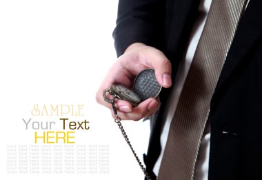 üzerine beyaz bir cep saati, çekici bir Asyalı adam arıyor işadamı