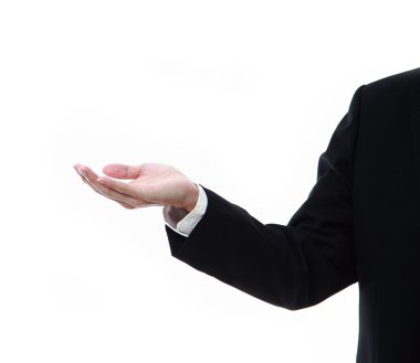 iş adamı, beyaz bir arka plan üzerinde elini tutuyor. 